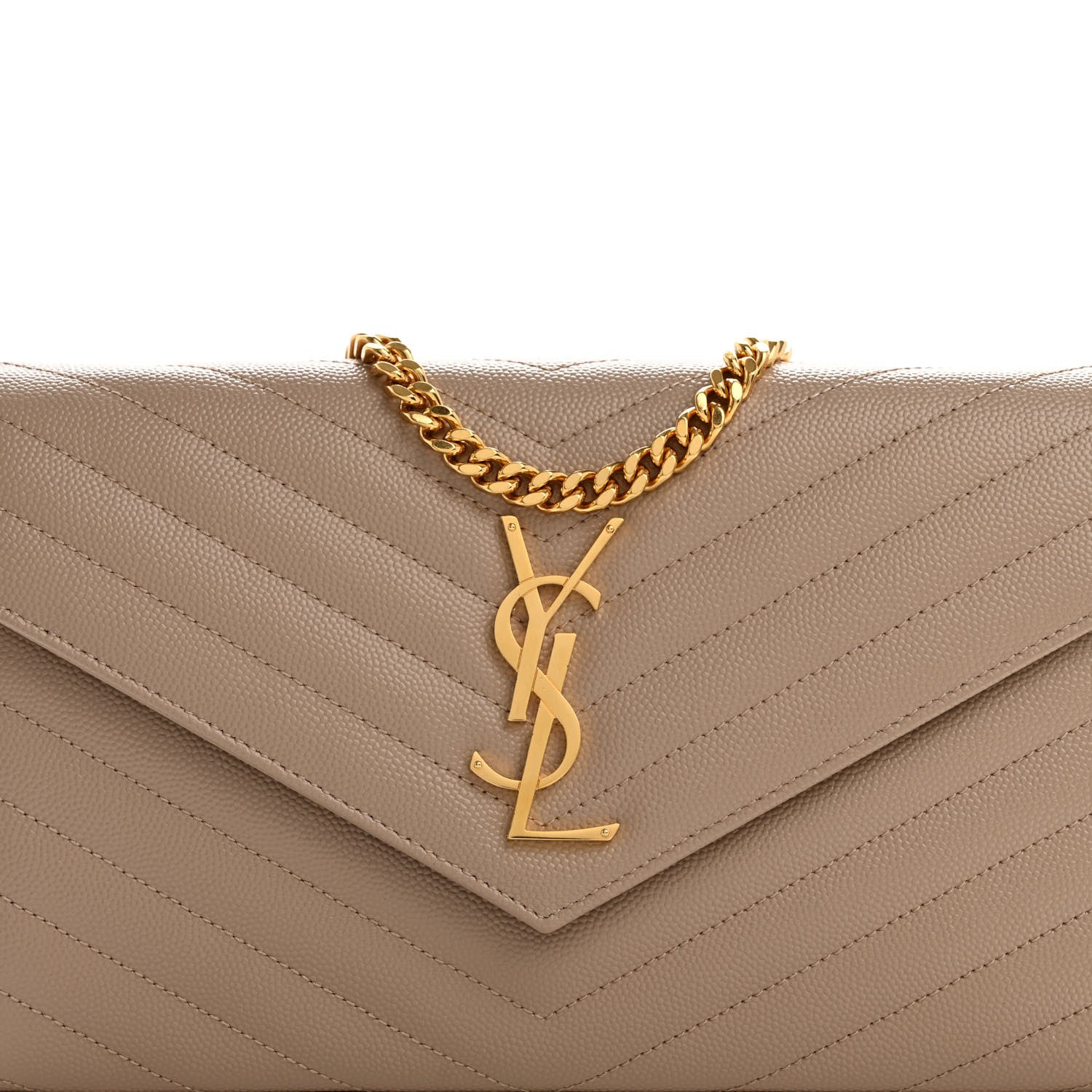 Saint Laurent Grain De Poudre Matelasse Chevron Monogram Chain Wallet Dark Beige 7 of 9