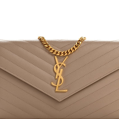 Saint Laurent Grain De Poudre Matelasse Chevron Monogram Chain Wallet Dark Beige 7 of 9
