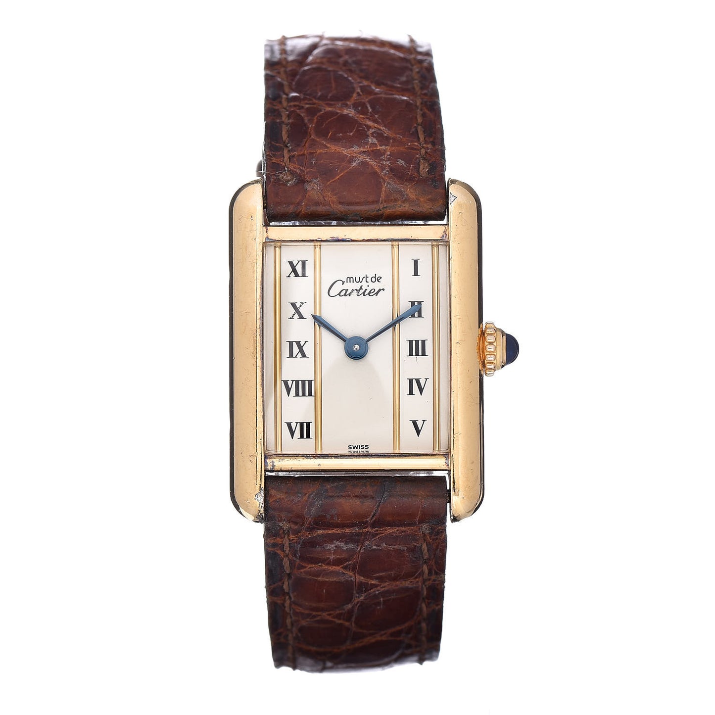 Sterling Silver Vermeil Alligator 20mm Must de Tank Quartz Watch Brown