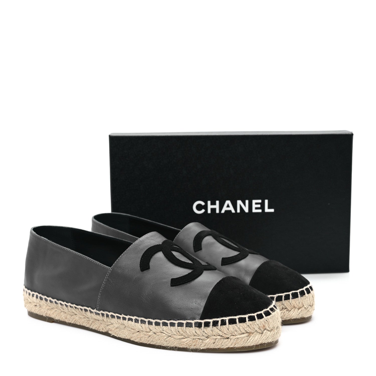 Chanel Calfskin Kid Suede CC Espadrilles 41 Dark Gray Black 10 of 10