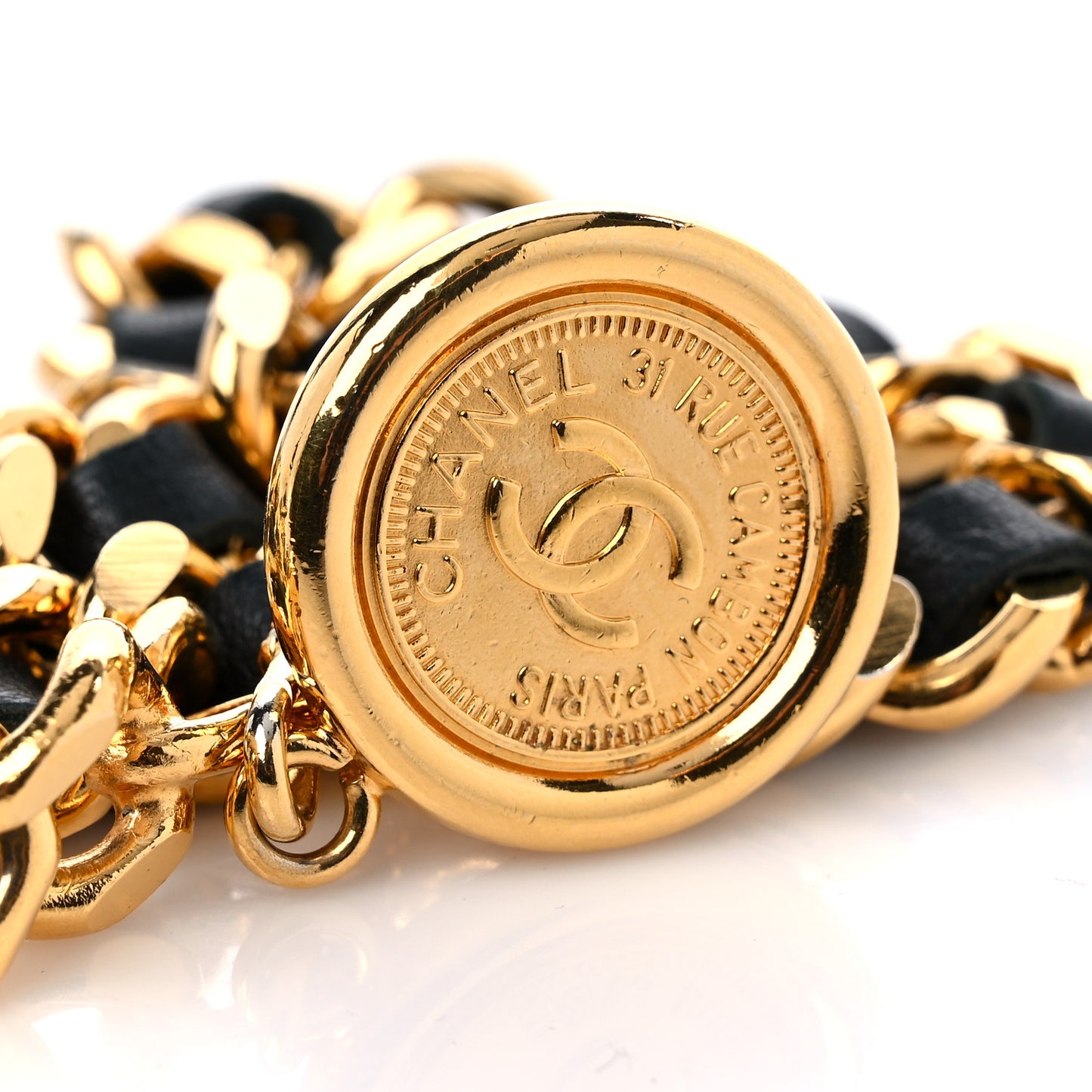 Lambskin Chain CC Medallion Belt Black Gold