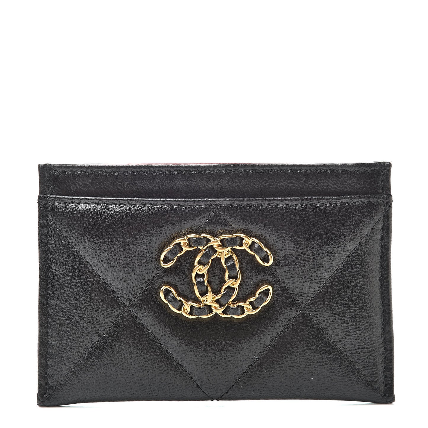 Shiny Goatskin Quilted Chanel 19 Card Holder Black