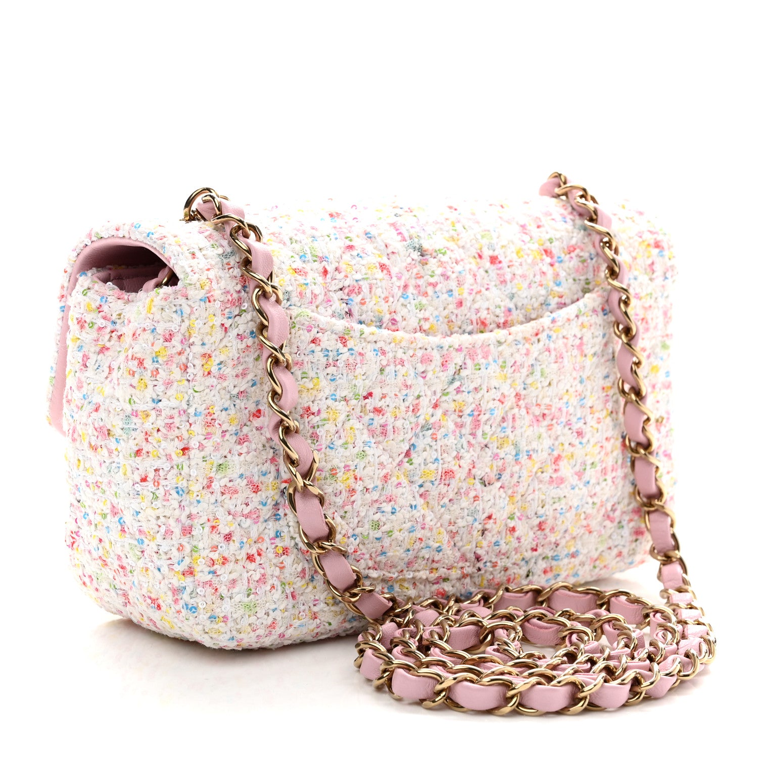 Chanel Tweed Sequin Quilted Mini Rectangular Flap White Pink Green Blue 3 of 11