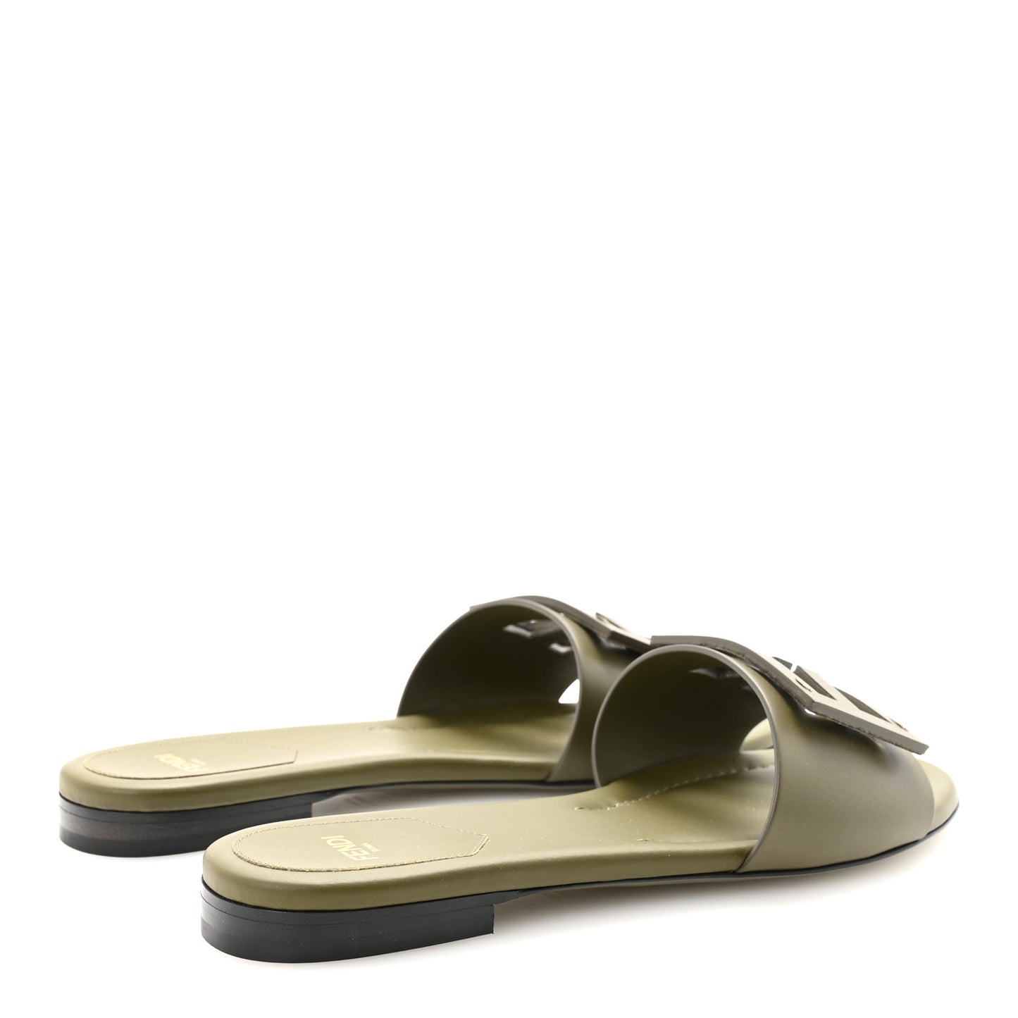 Calfskin FF Logo Plaque Slide Sandals 37 Militare