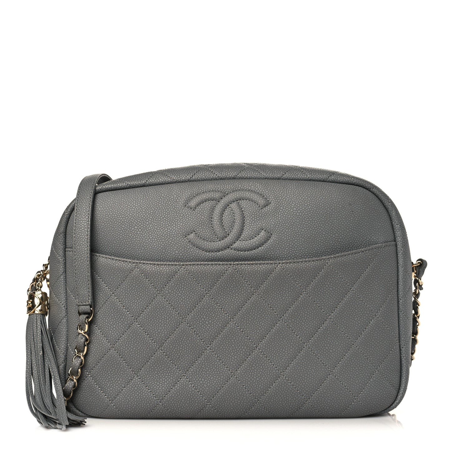 Caviar Quilted Large Coco Tassel Camera Case Grey