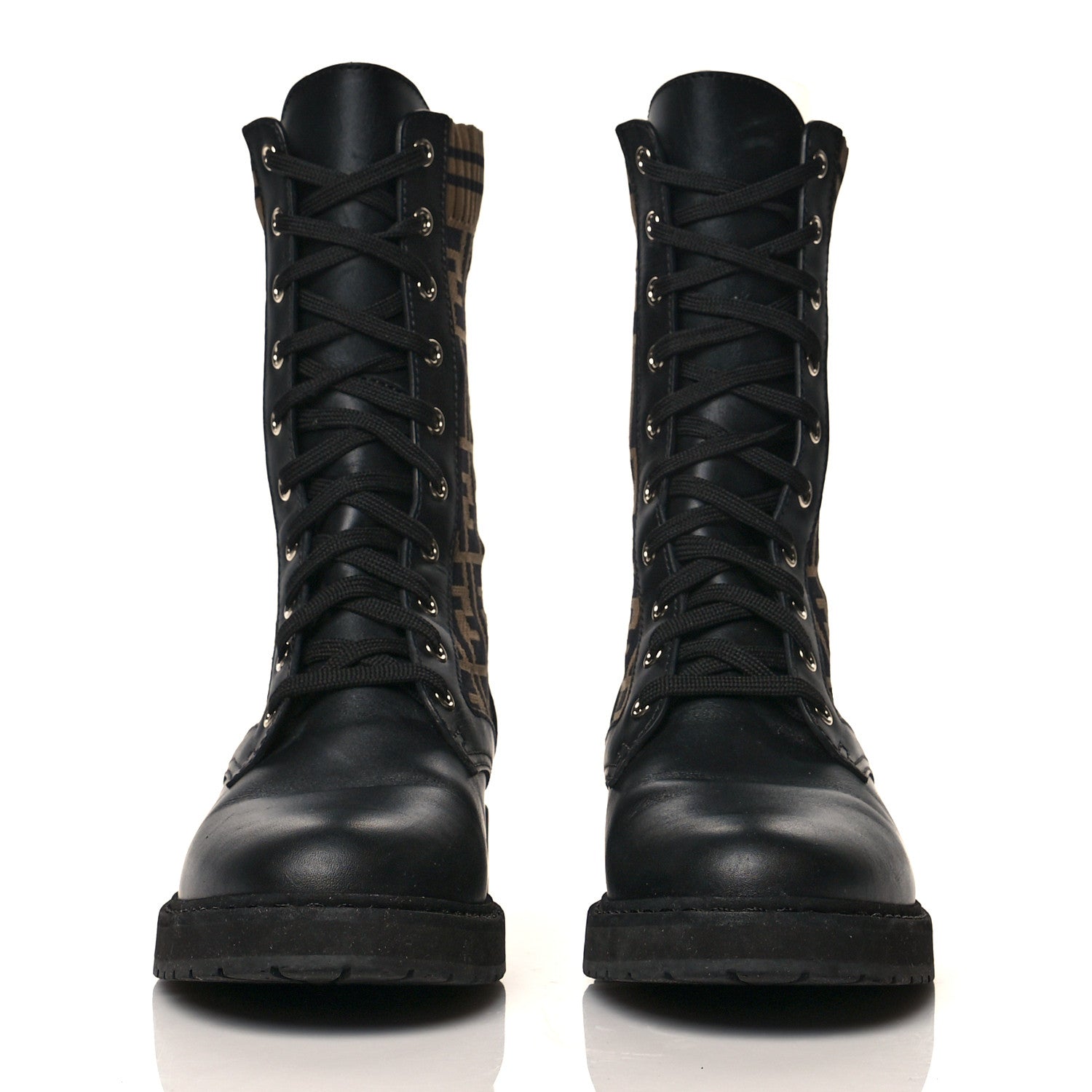 Fendi Calfskin Stretch Fabric FF Rockoko Biker Boots 41 Black Tobacco 2 of 7