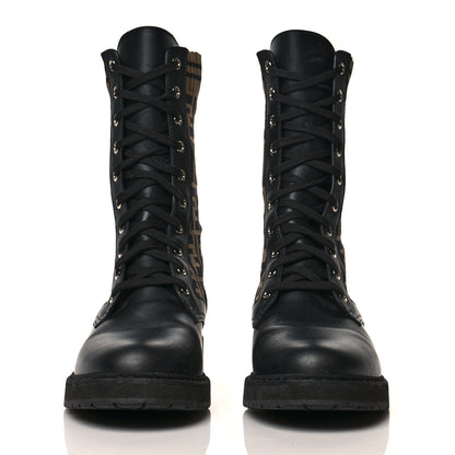 Fendi Calfskin Stretch Fabric FF Rockoko Biker Boots 41 Black Tobacco 2 of 7
