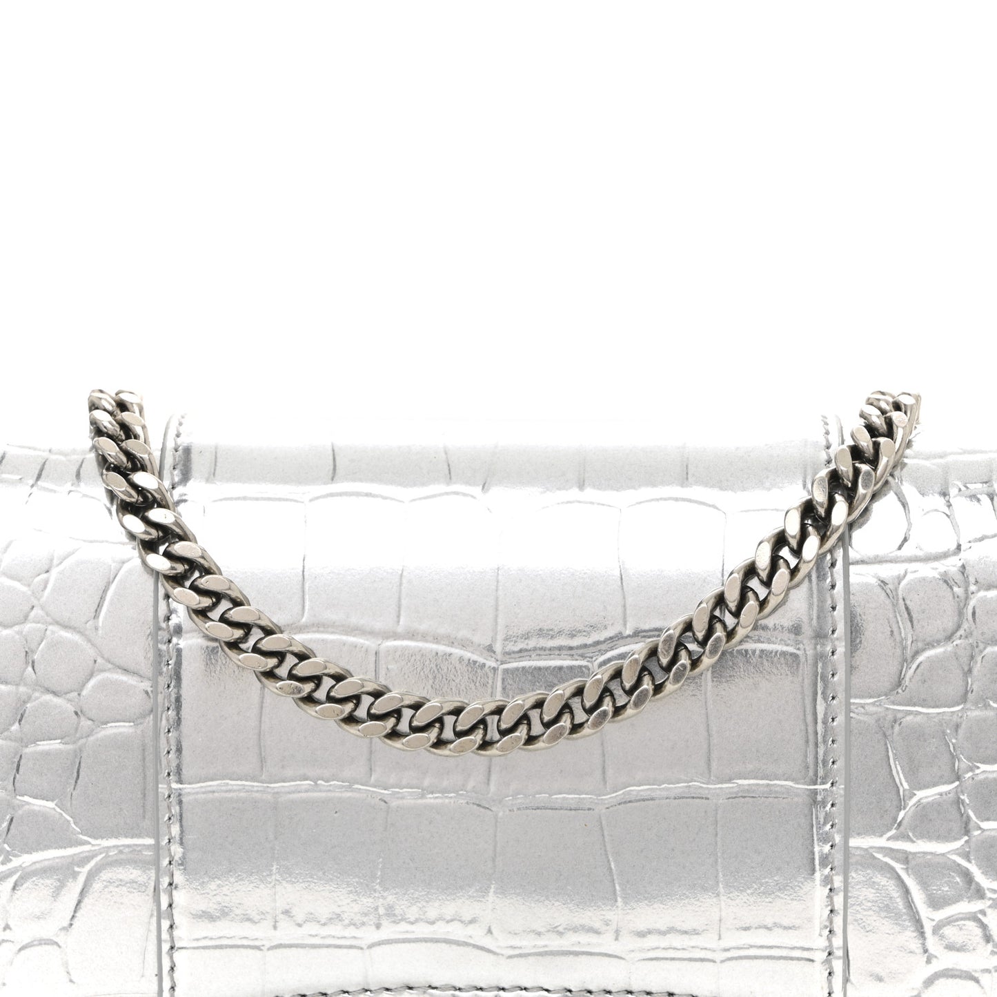 Metallic Calfskin Crocodile Embossed Hourglass Chain Bag Silver