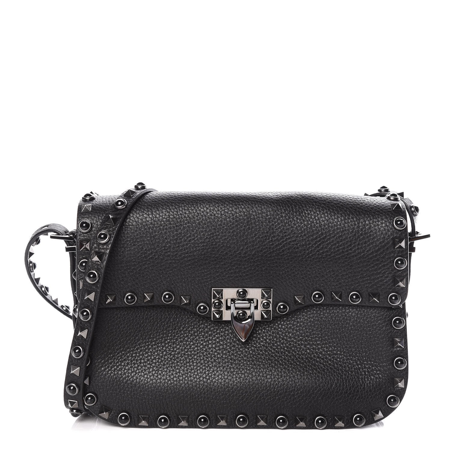 Valentino Garavani Pebbled Calfskin Onyx Medium Rockstud Rolling Flap Saddle Bag Black 1 of 8
