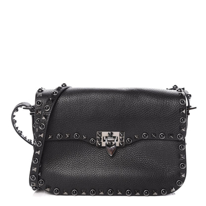 Valentino Garavani Pebbled Calfskin Onyx Medium Rockstud Rolling Flap Saddle Bag Black 1 of 8