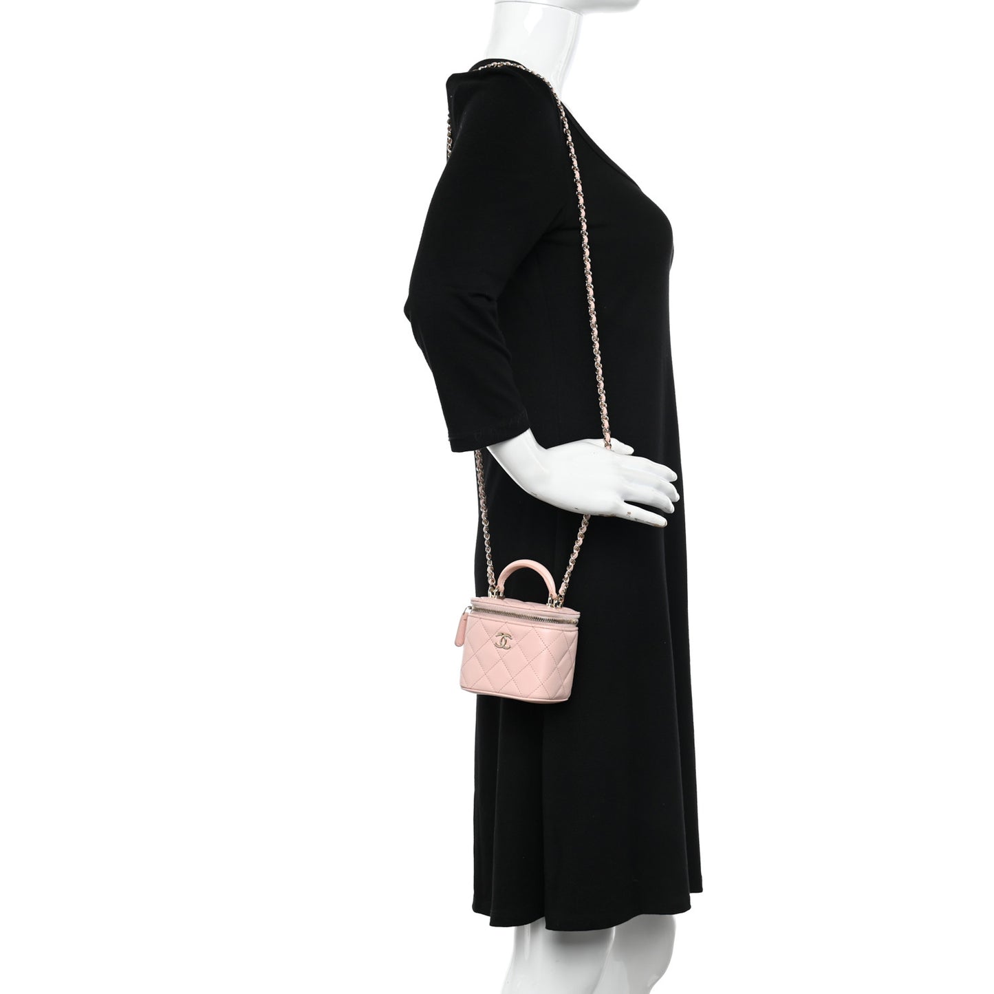 Lambskin Quilted Mini Top Handle Vanity Case With Chain Light Pink