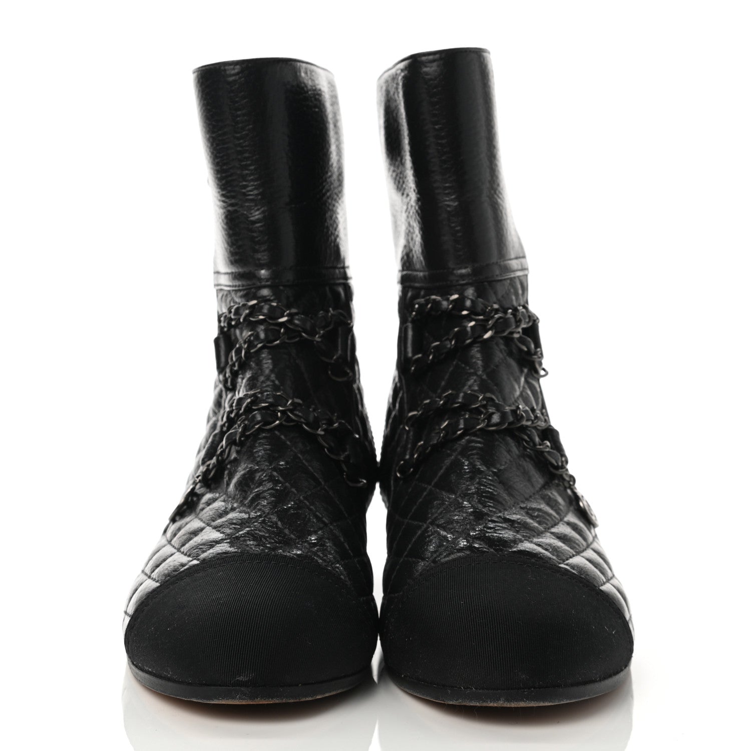 Chanel Glazed Deerskin Grosgrain Quilted Cap Toe Chain Boots 38 Grey Black 2 of 8