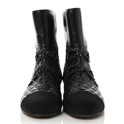 Chanel Glazed Deerskin Grosgrain Quilted Cap Toe Chain Boots 38 Grey Black 2 of 8
