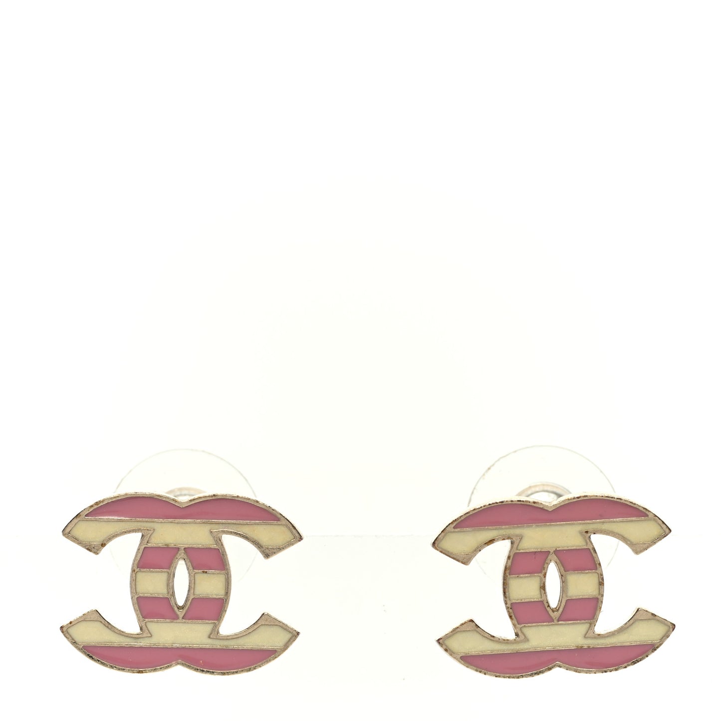 Enamel Striped CC Earrings Pink White Gold