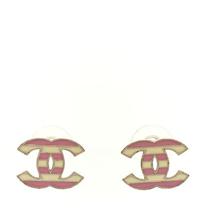 Chanel Enamel Striped CC Earrings Pink White Gold 1 of 4