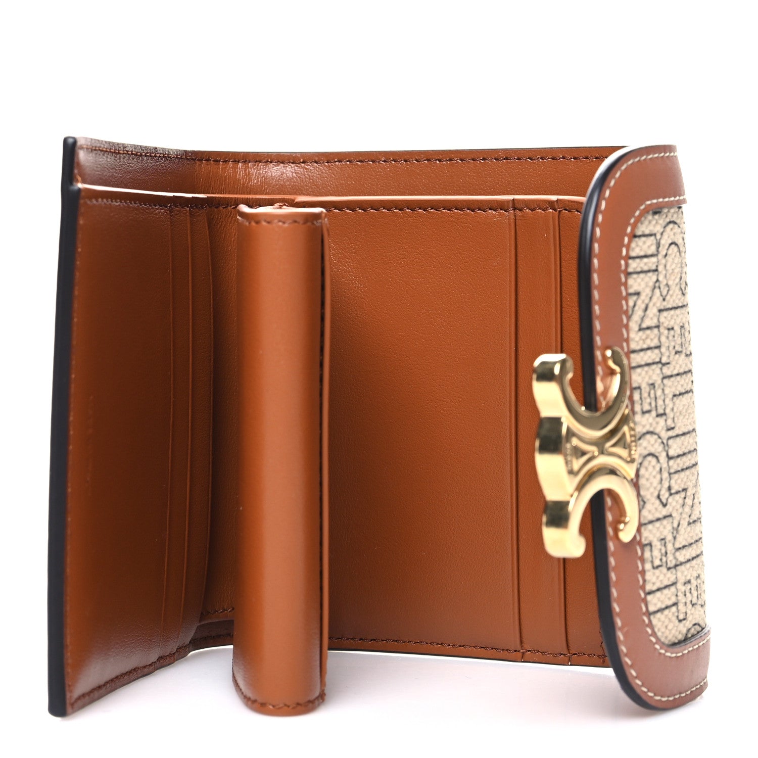 Celine Textile Calfskin All Over Print Small Triomphe Wallet Natural Tan 5 of 11