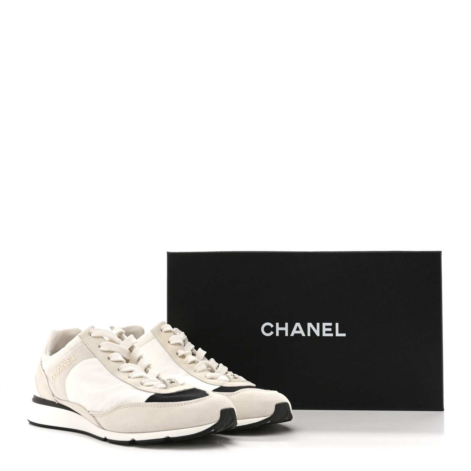 Chanel Nylon Suede Kidskin Calfskin Logo Sneakers 37.5 White Black 10 of 10
