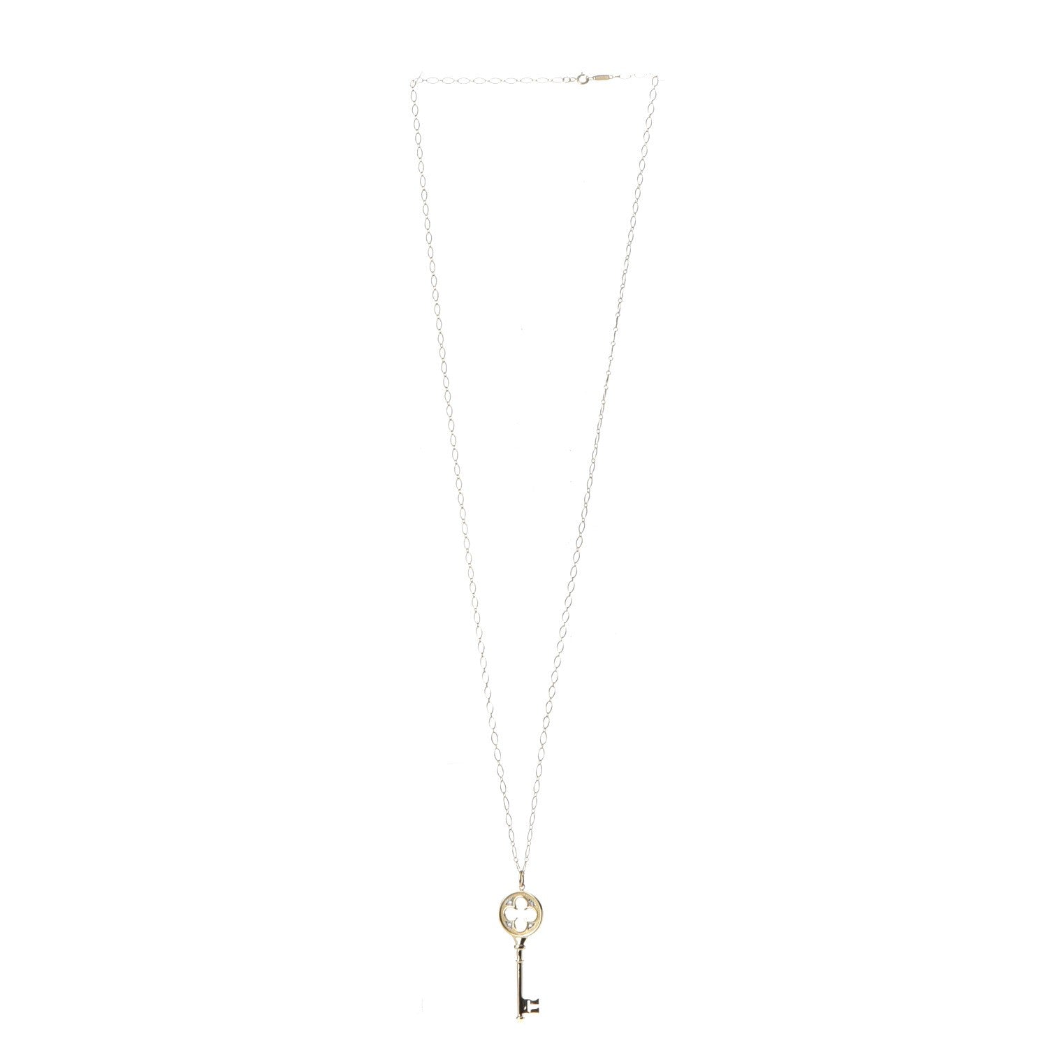 Tiffany 18K Yellow Gold Diamond Quatrefoil Key Pendant Necklace 4 of 7