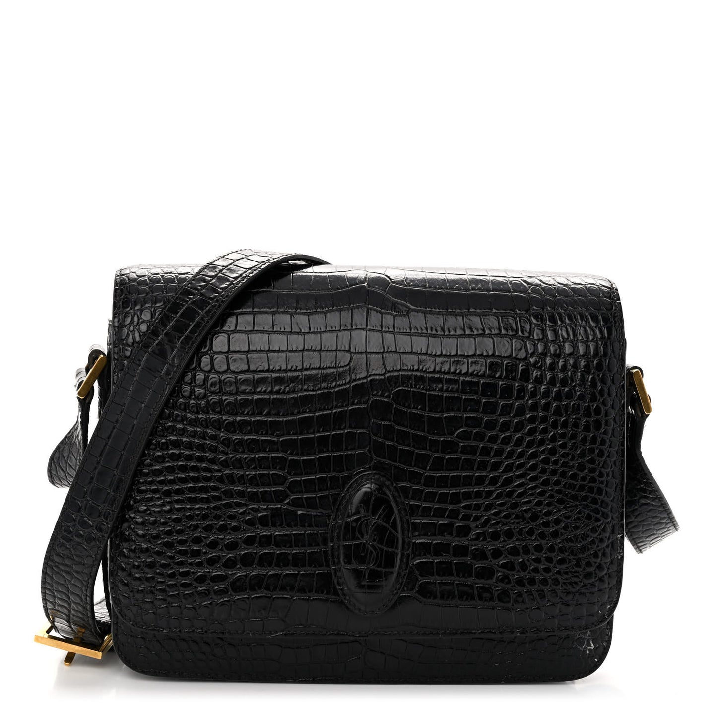 Calfskin Crocodile Embossed New Besace Crossbody Bag Black