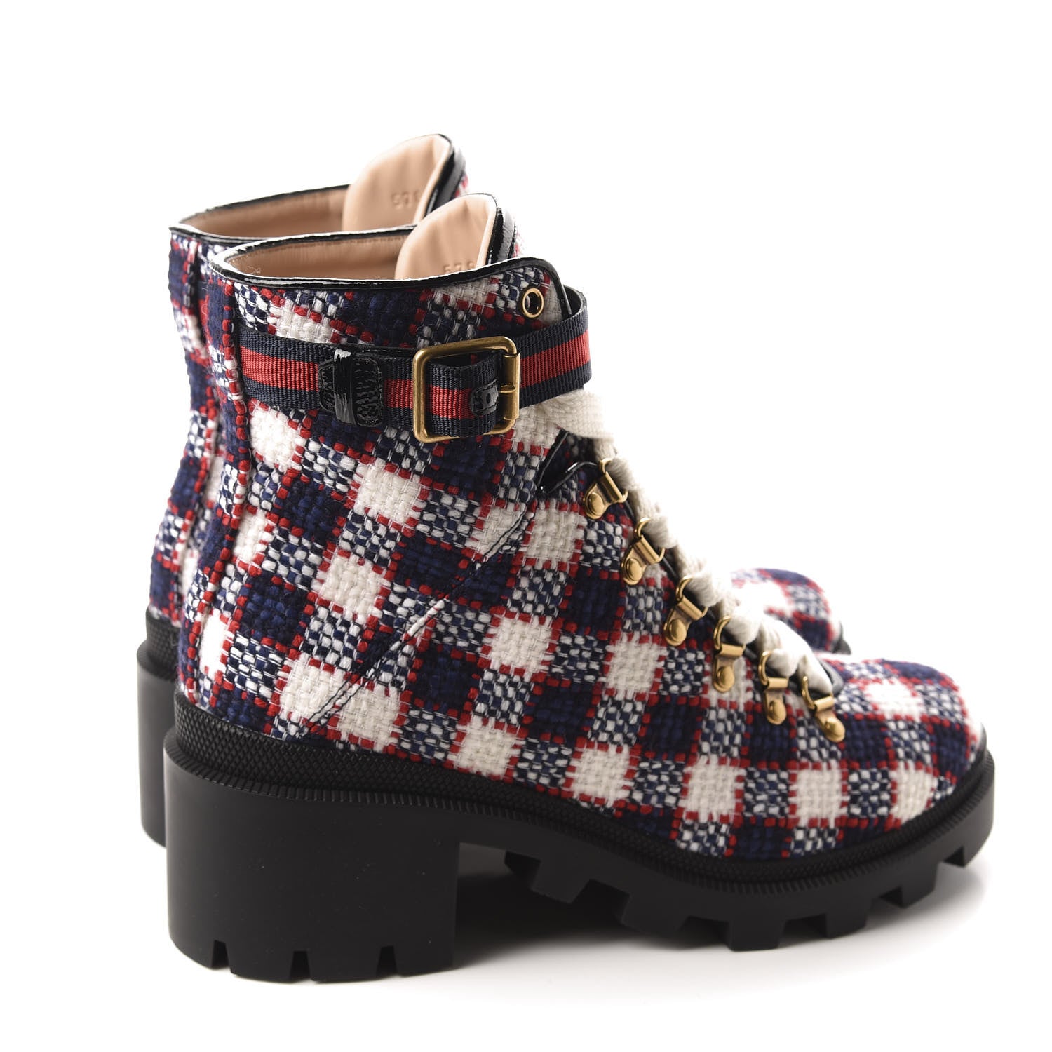 Gucci Vintage Tweed Check Lace Up Combat Ankle Boots 40.5 White Hibiscus Red Marine 4 of 10