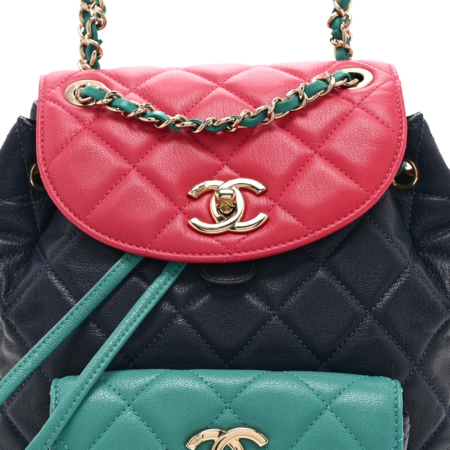 Chanel Goatskin Quilted Duma Drawstring Backpack Navy Turquoise Pink 8 of 10