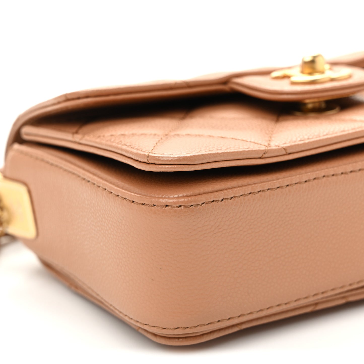 Shiny Caviar Quilted Mini Top Handle Flap Bag Camel