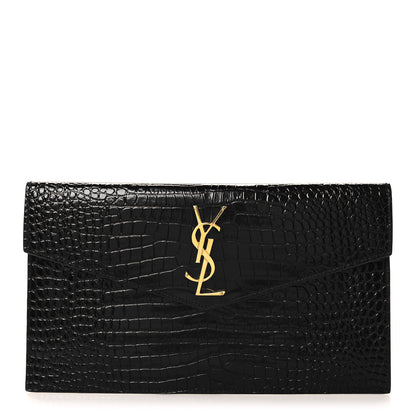 Saint Laurent Calfskin Crocodile Embossed Uptown Monogram Pouch Black 1 of 6