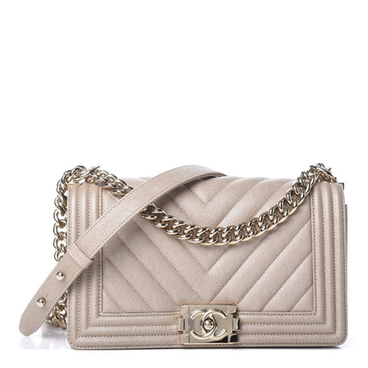 Chanel Metallic Caviar Chevron Quilted Medium Boy Flap Light Beige 1 of 9