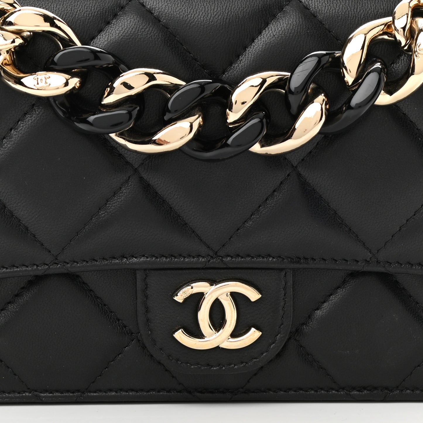 Lambskin Resin Bi-Color Quilted Wallet On Chain WOC Black