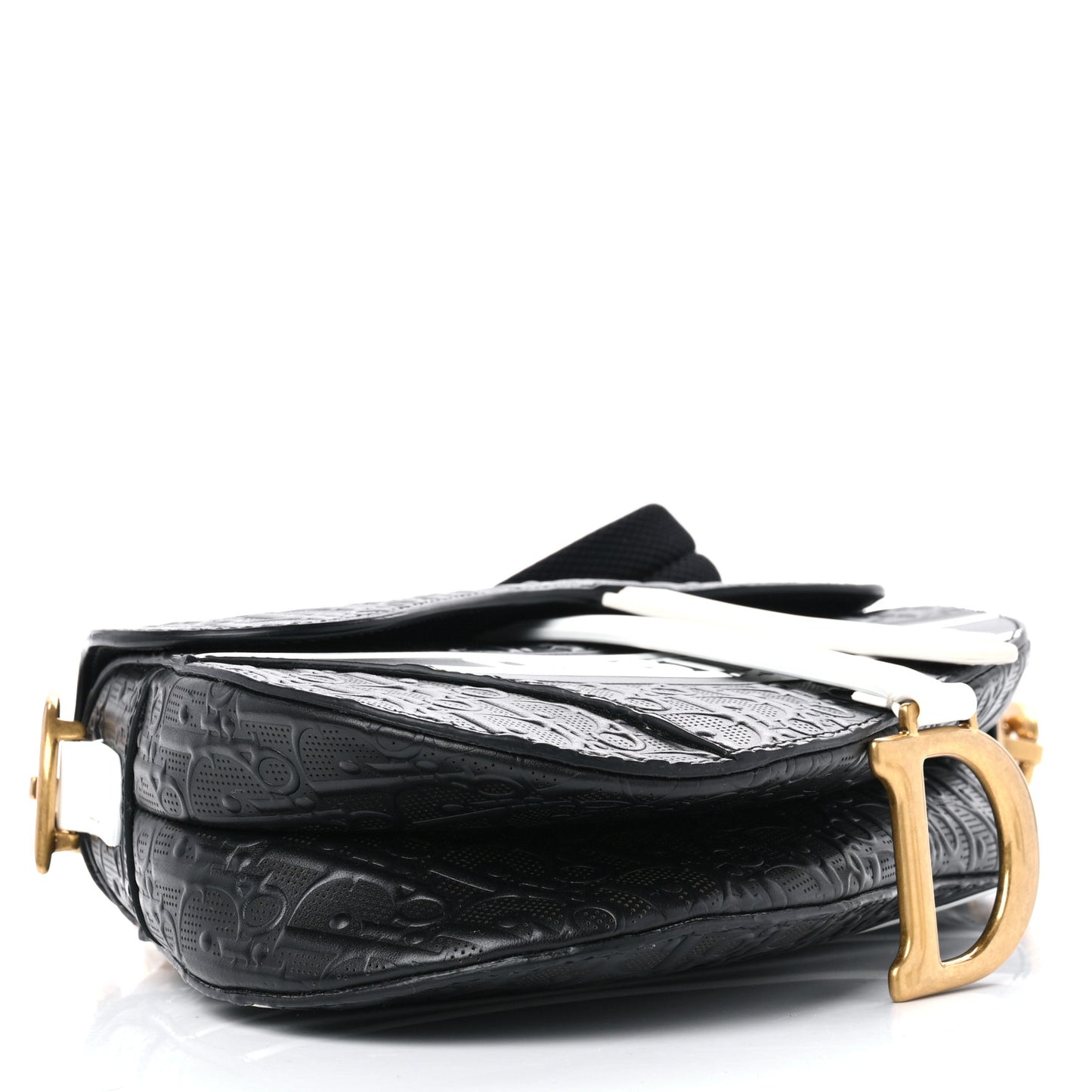 Calfskin Embossed Oblique Vibe Saddle Bag With Strap Black White