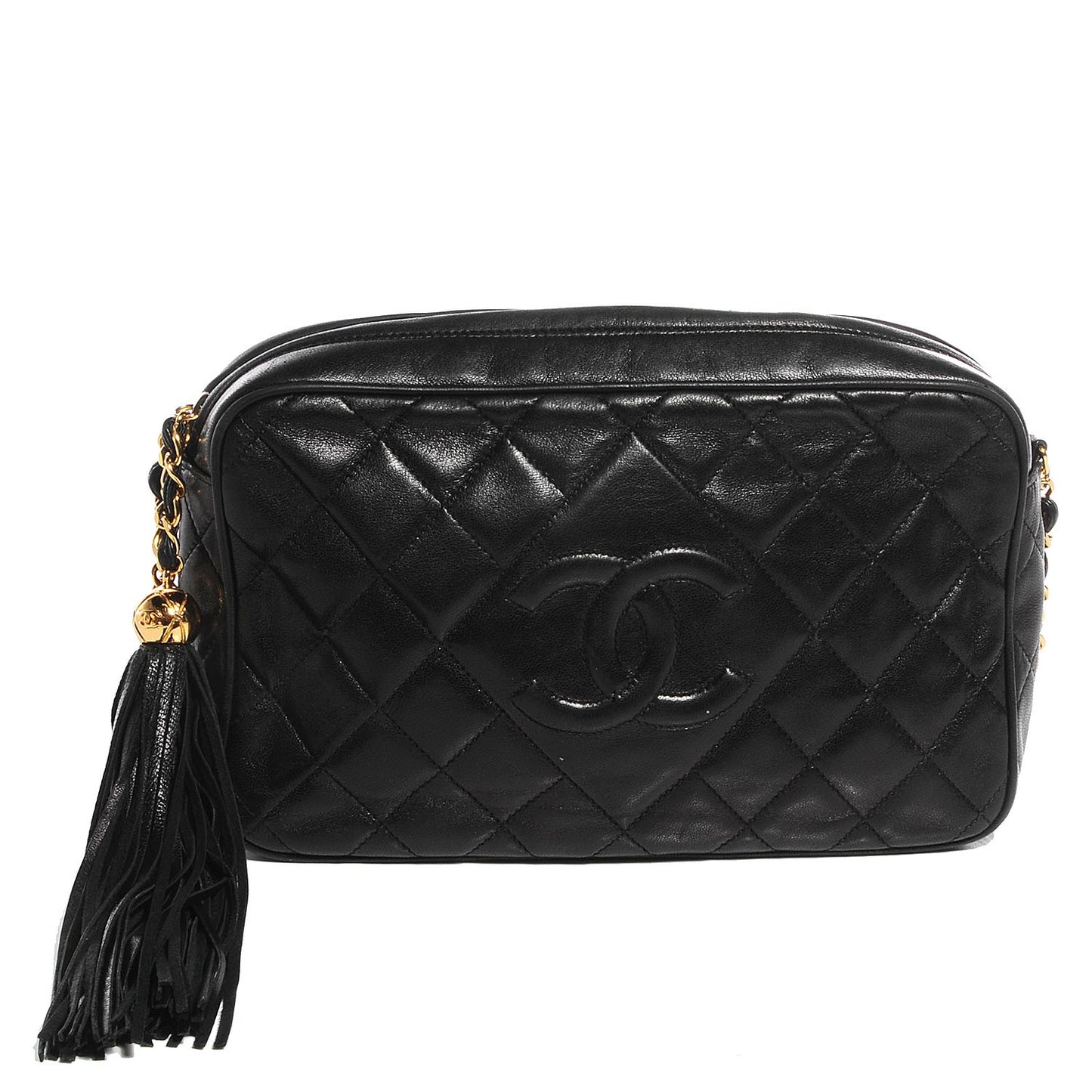 Lambskin Quilted Tassel Camera Case Black