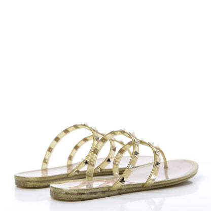 Valentino Garavani PVC Jelly Glitter Rockstud Caged Flat Thong Sandals 39 Oro 4 of 8