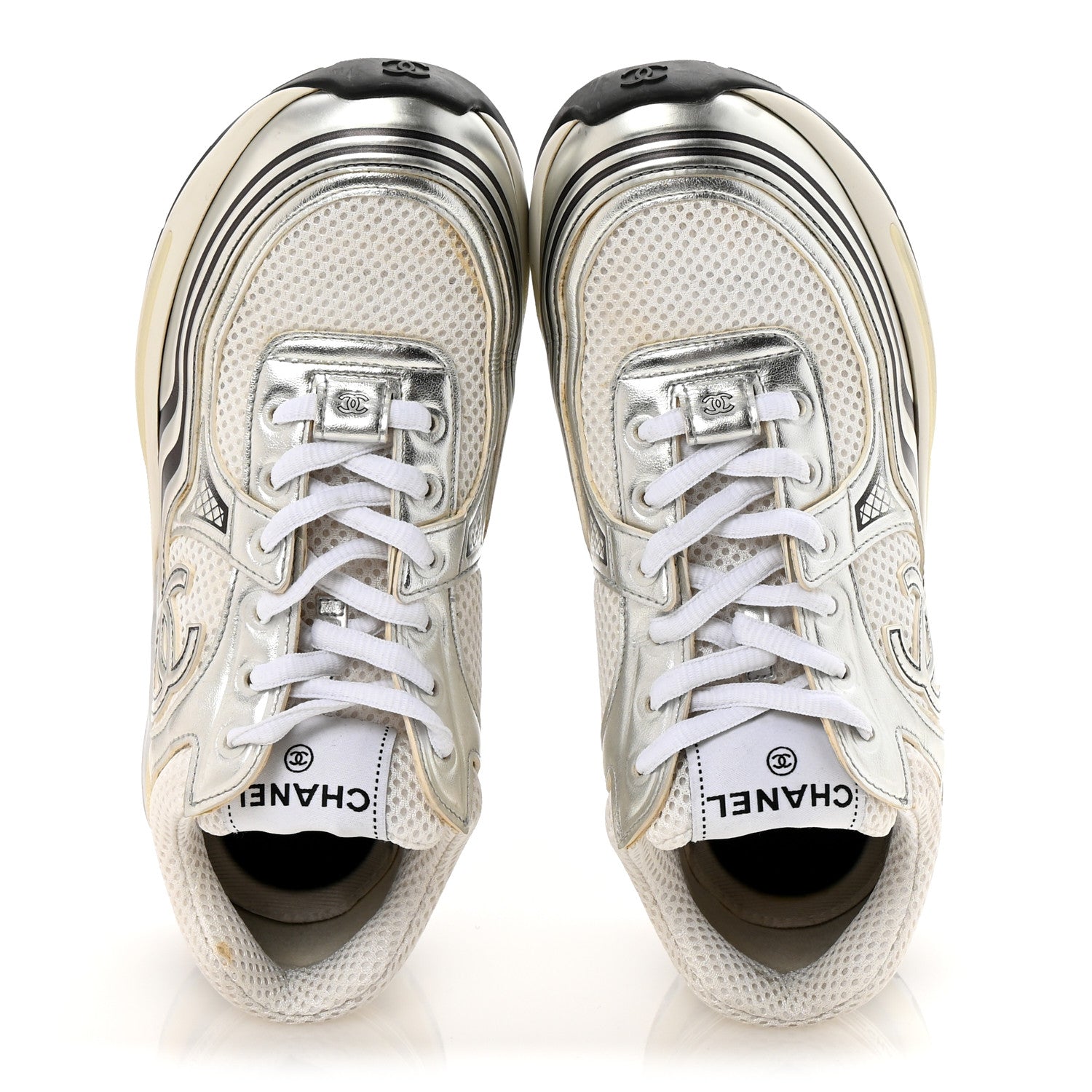 Chanel Fabric Laminated Calfskin Stretch CC Sneakers 37 White Silver 2 of 10