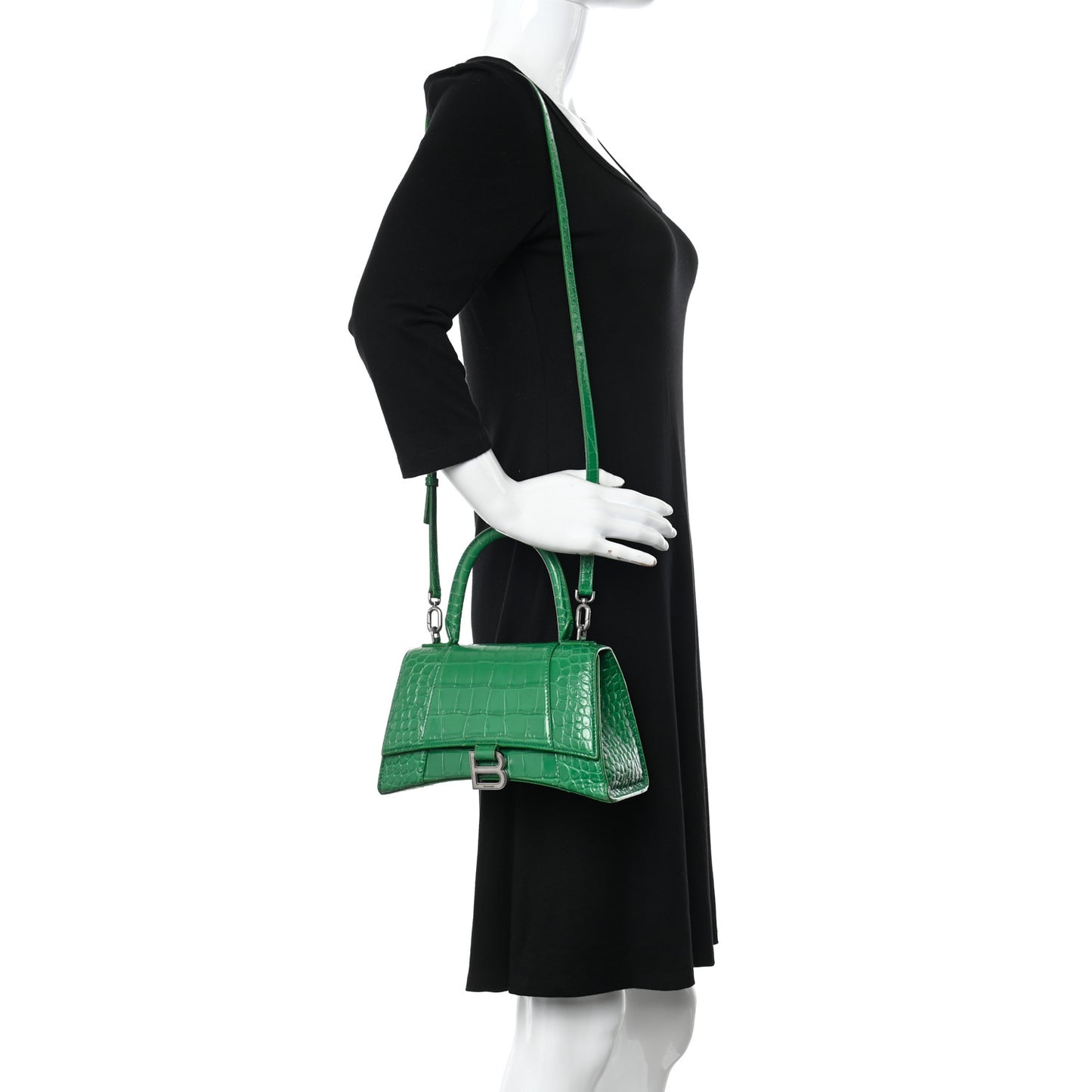 Shiny Calfskin Crocodile Embossed Small Hourglass Top Handle Bag Leaf Green