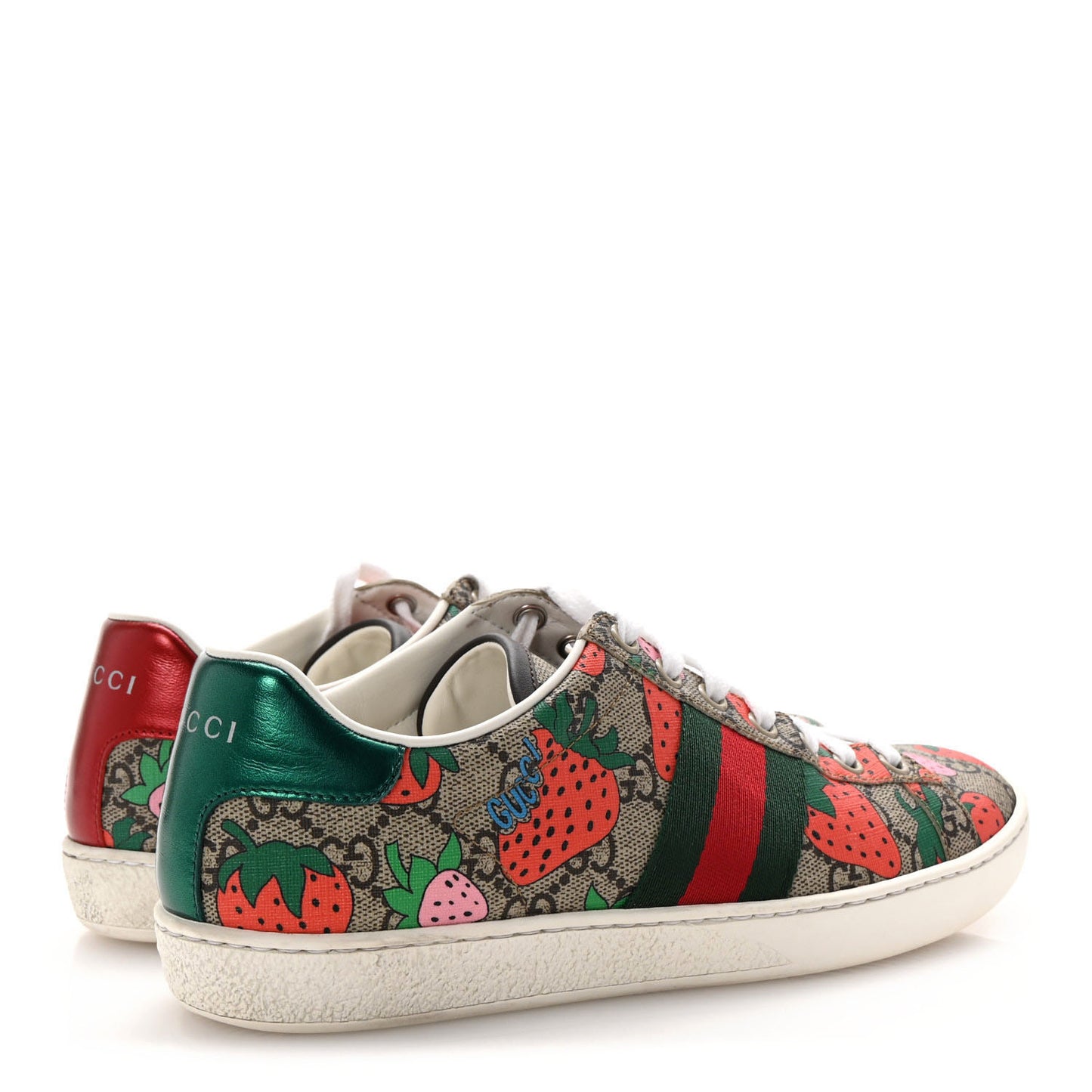 GG Supreme Monogram Strawberry Web Womens Ace Sneakers 37 Beige Multicolor Red Green