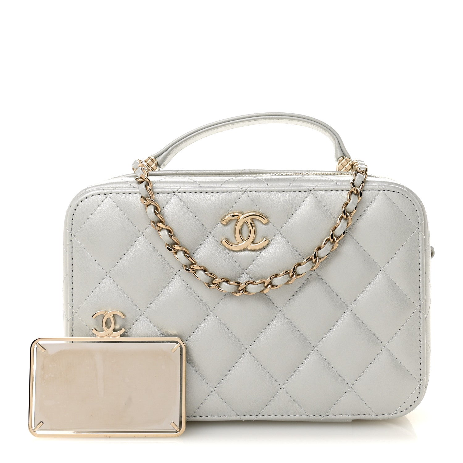 Chanel Metallic Lambskin Quilted Top Handle Vanity Case Silver 3 of 13