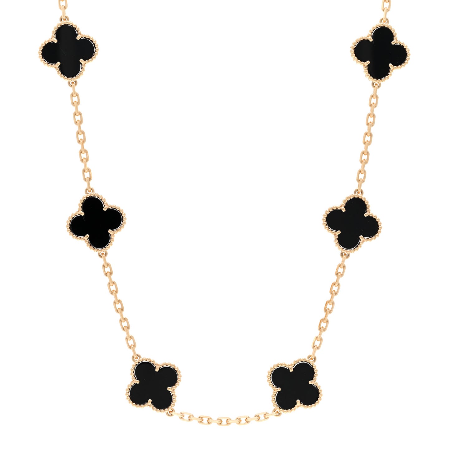 18K Yellow Gold Black Onyx 10 Motifs Vintage Alhambra Necklace
