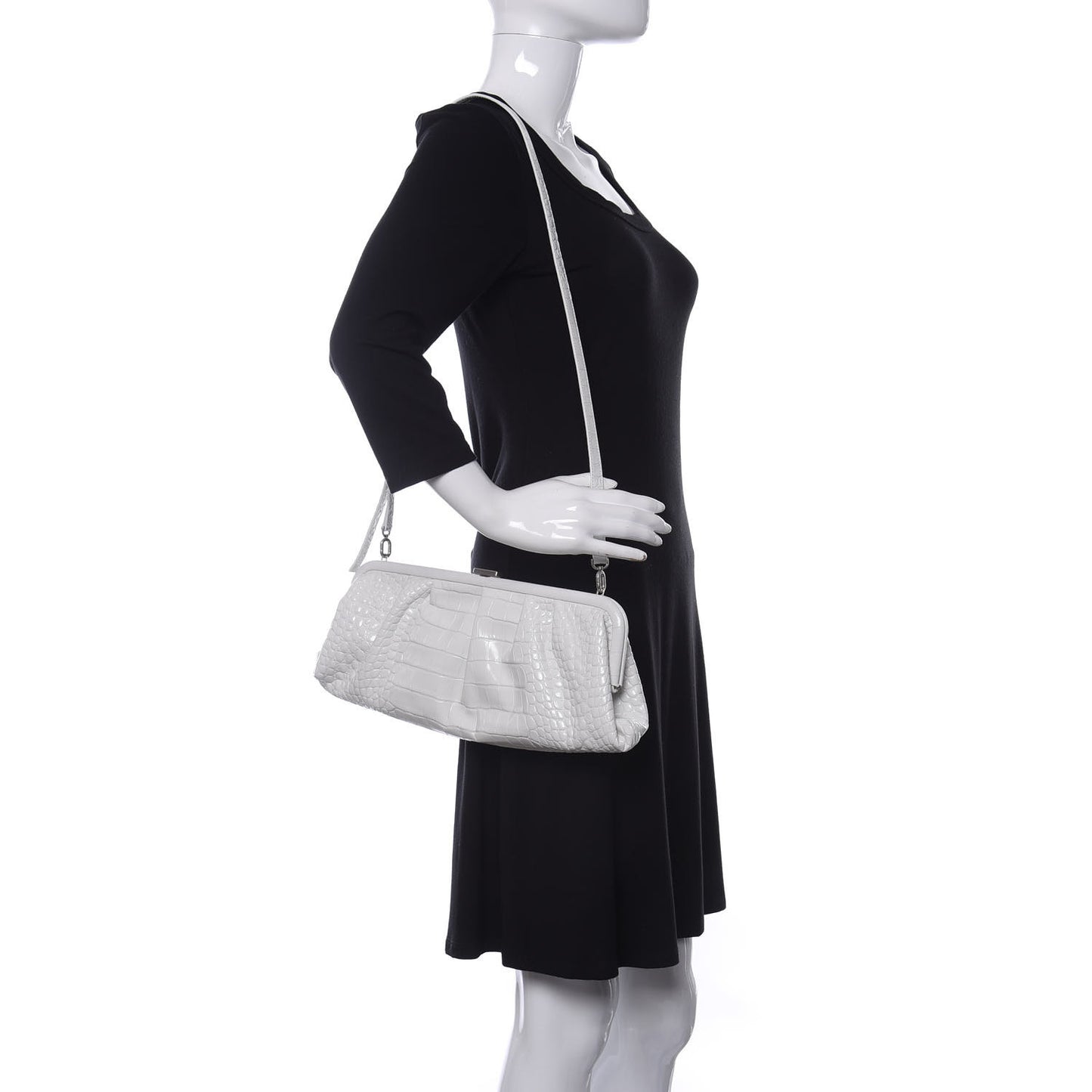 Shiny Supple Calfskin Logo Crocodile Embossed XL Cloud Clutch White
