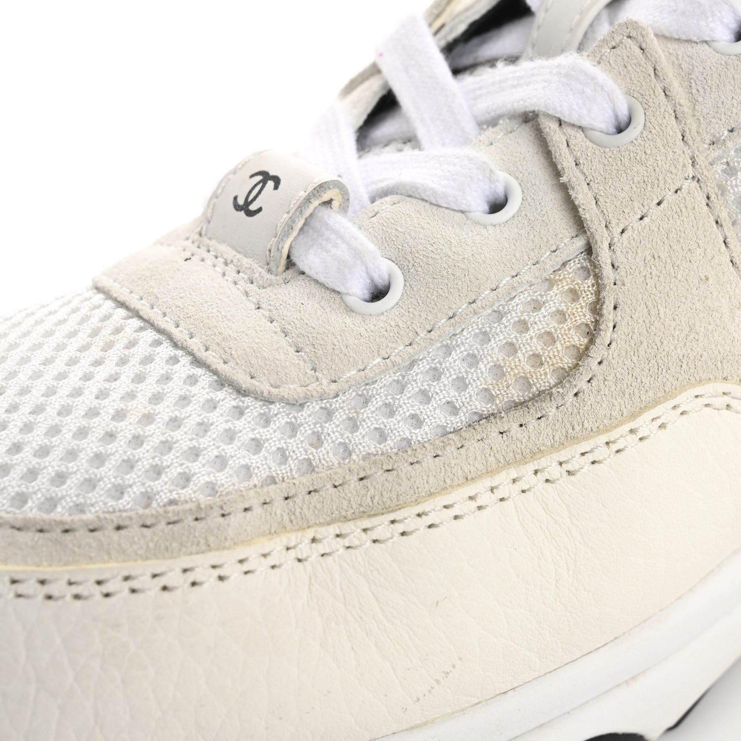 Mesh Suede Calfskin Grained Calfskin Womens CC Sneakers 38 White Black
