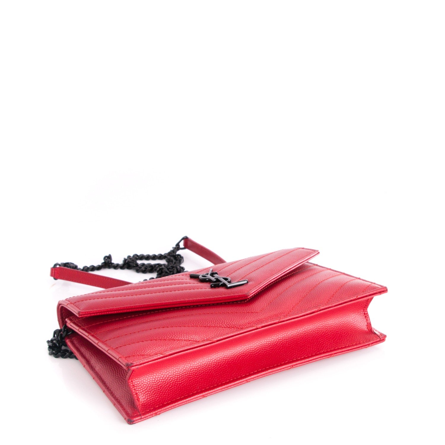 Saint Laurent Grain De Poudre Matelasse Chevron Monogram Envelope Chain Wallet New Red 4 of 8