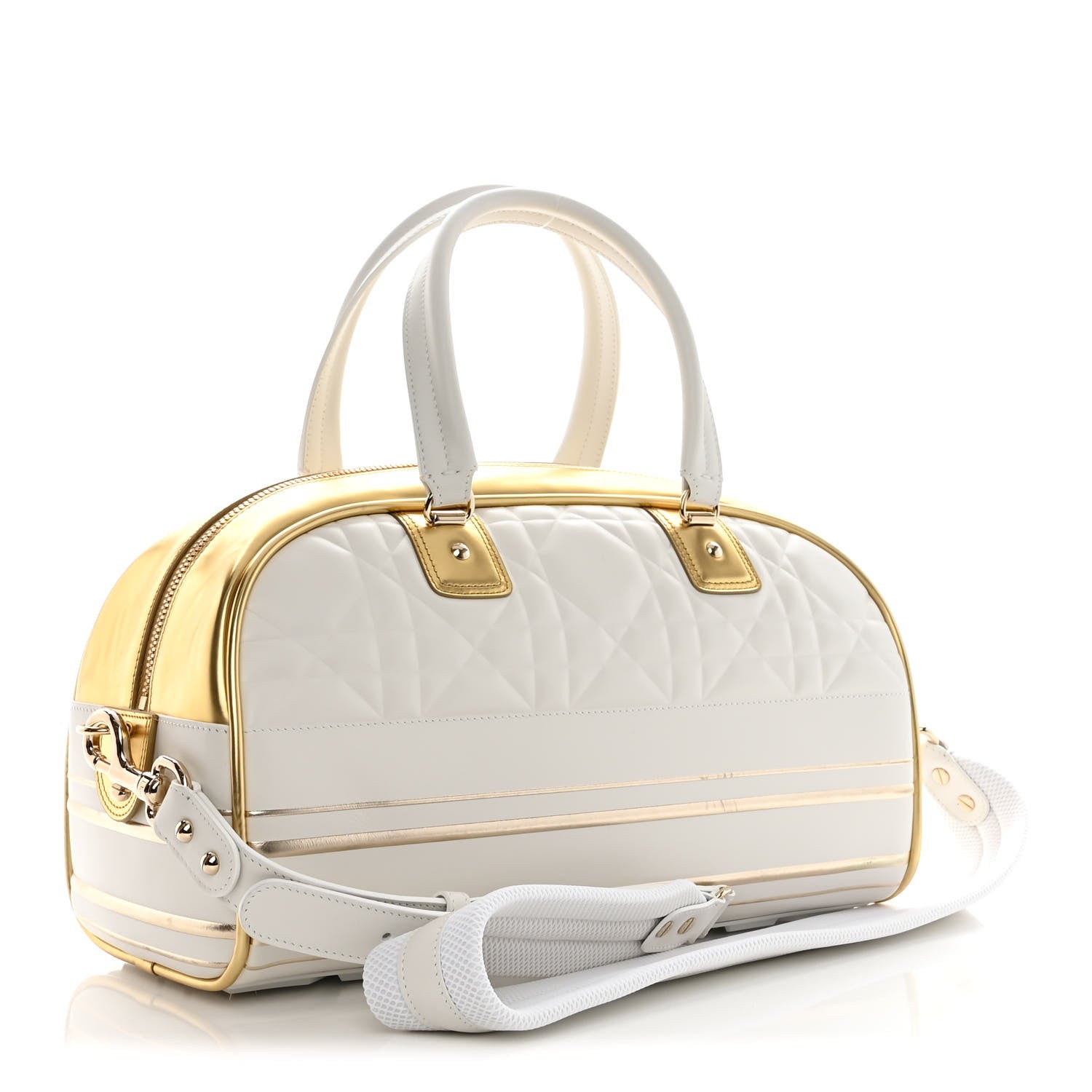 Christian Dior Calfskin Padded Macrocannage Medium Dior Vibe Zip Bowling Bag White Gold 3 of 13