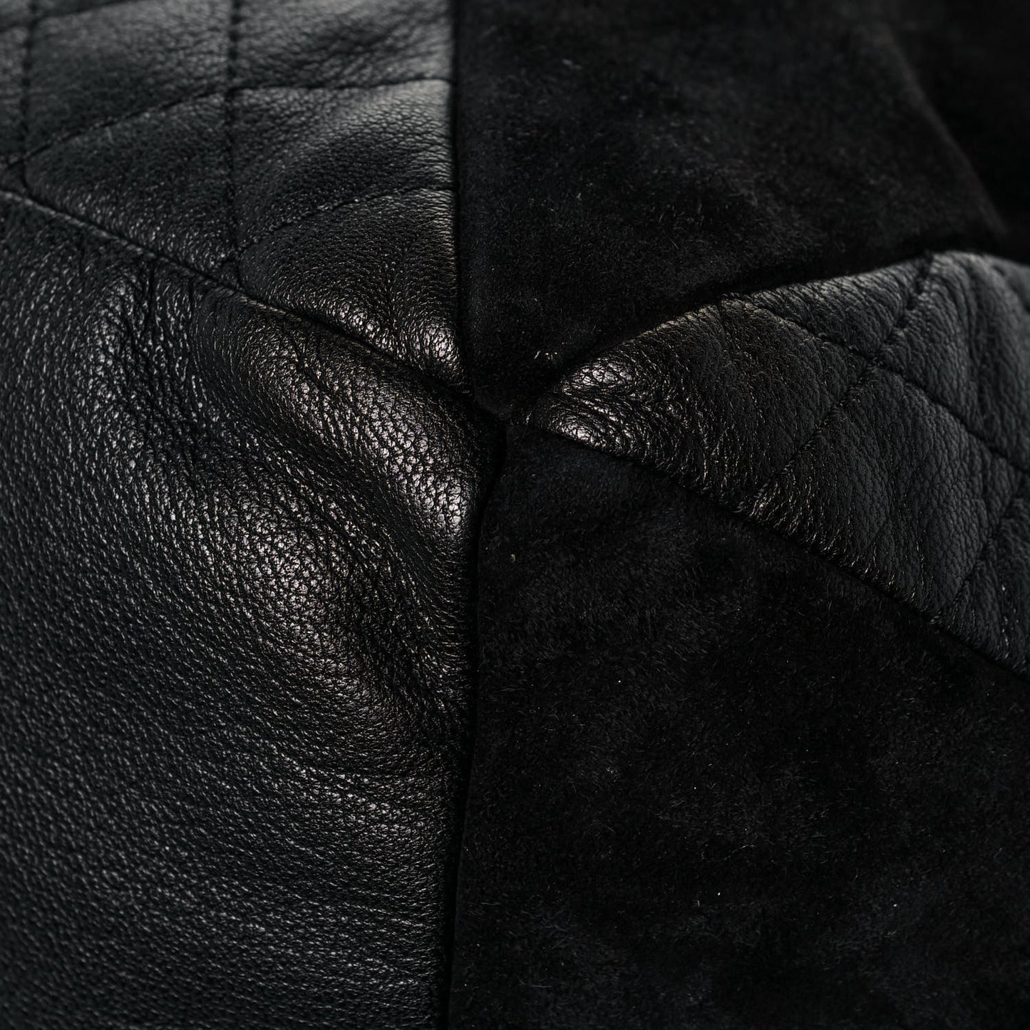 Goatskin Suede Calfskin Quilted Patchwork Drawstring Bag Black