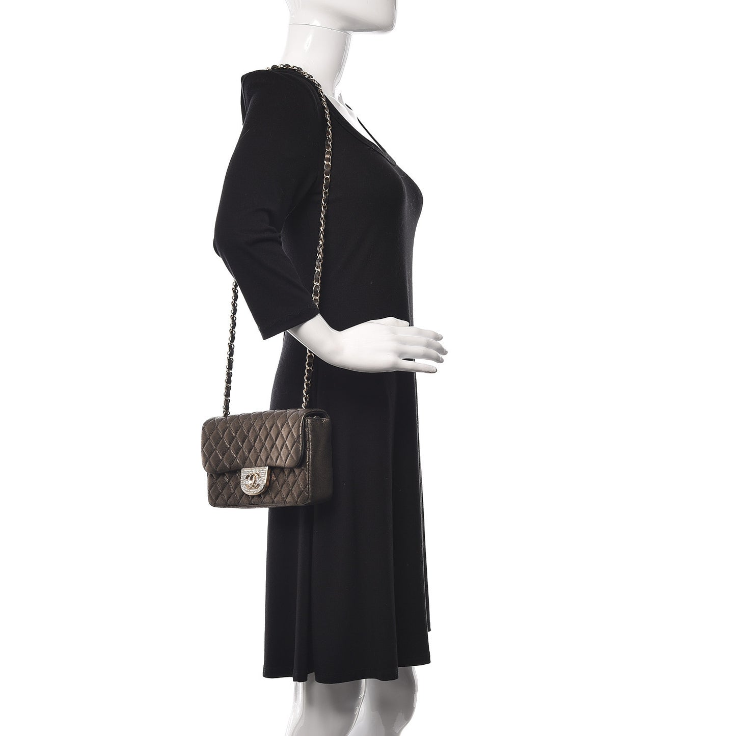 Iridescent Calfskin Quilted Crystal Mini Rectangular Flap Black Gold