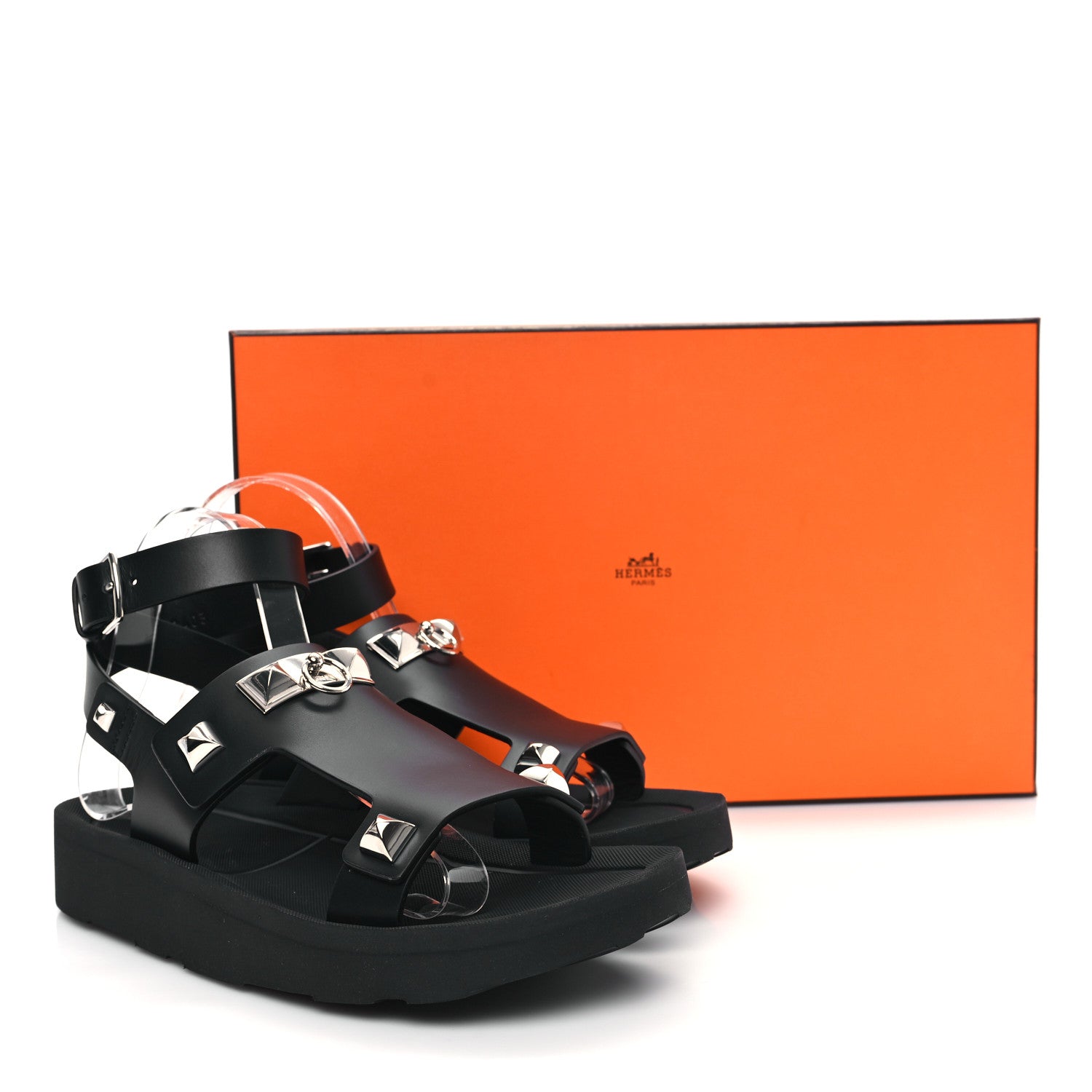Hermes Calfskin Medor Studded Womens Intuition Sandals 38.5 Black 9 of 9
