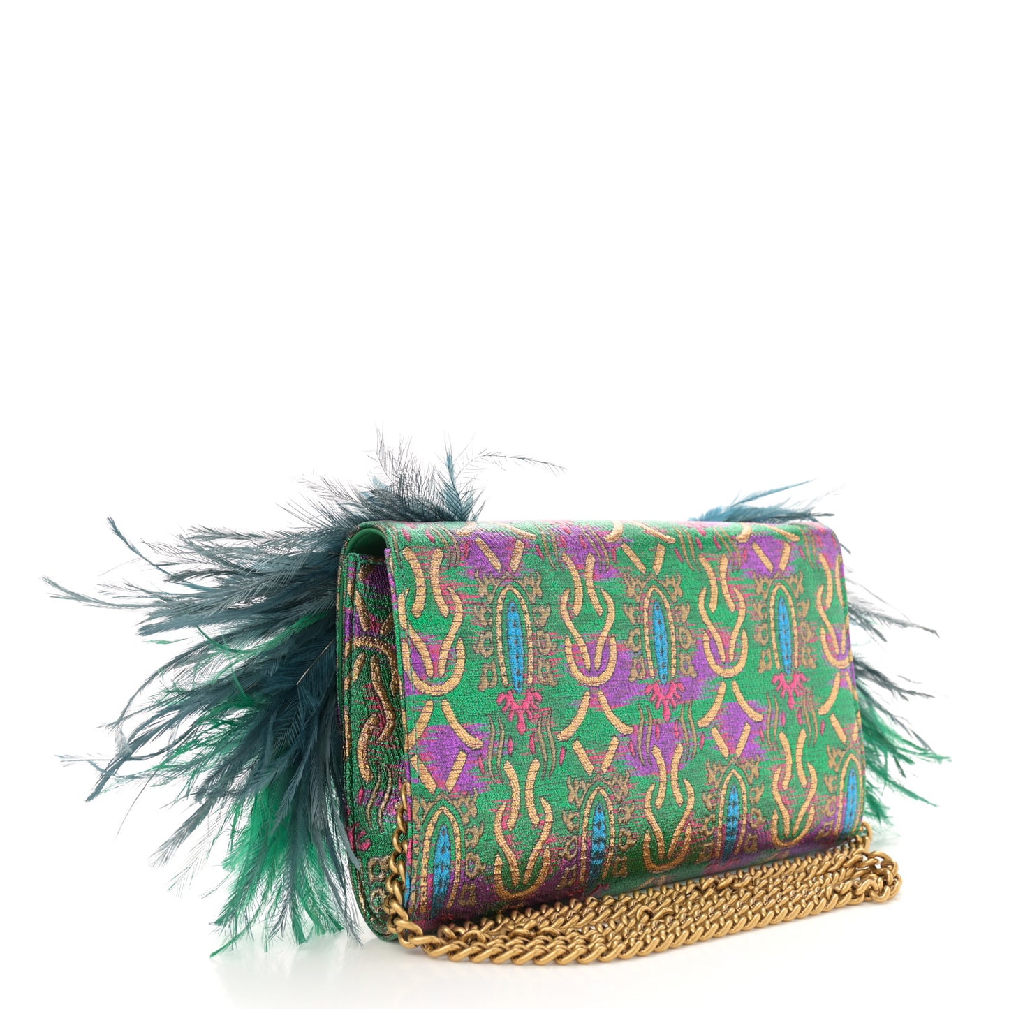 Metallic Brocade Calfskin Parrot Chain Wallet Blue Mulitcolor