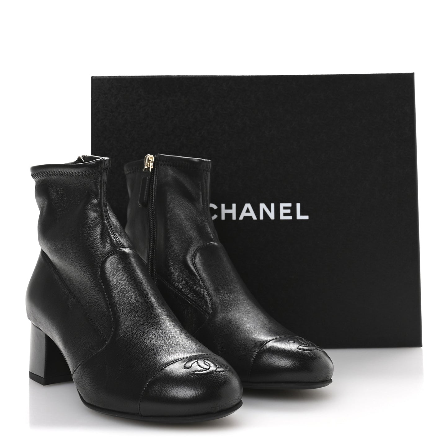 Stretch Lambskin Cap Toe CC Uniform Short Boots 36.5 Black