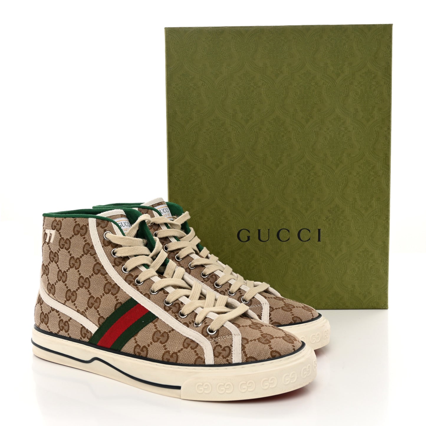 GG Monogram Web Mens 1977 Tennis High Top Sneakers 9.5 Beige Ebony Mystic White