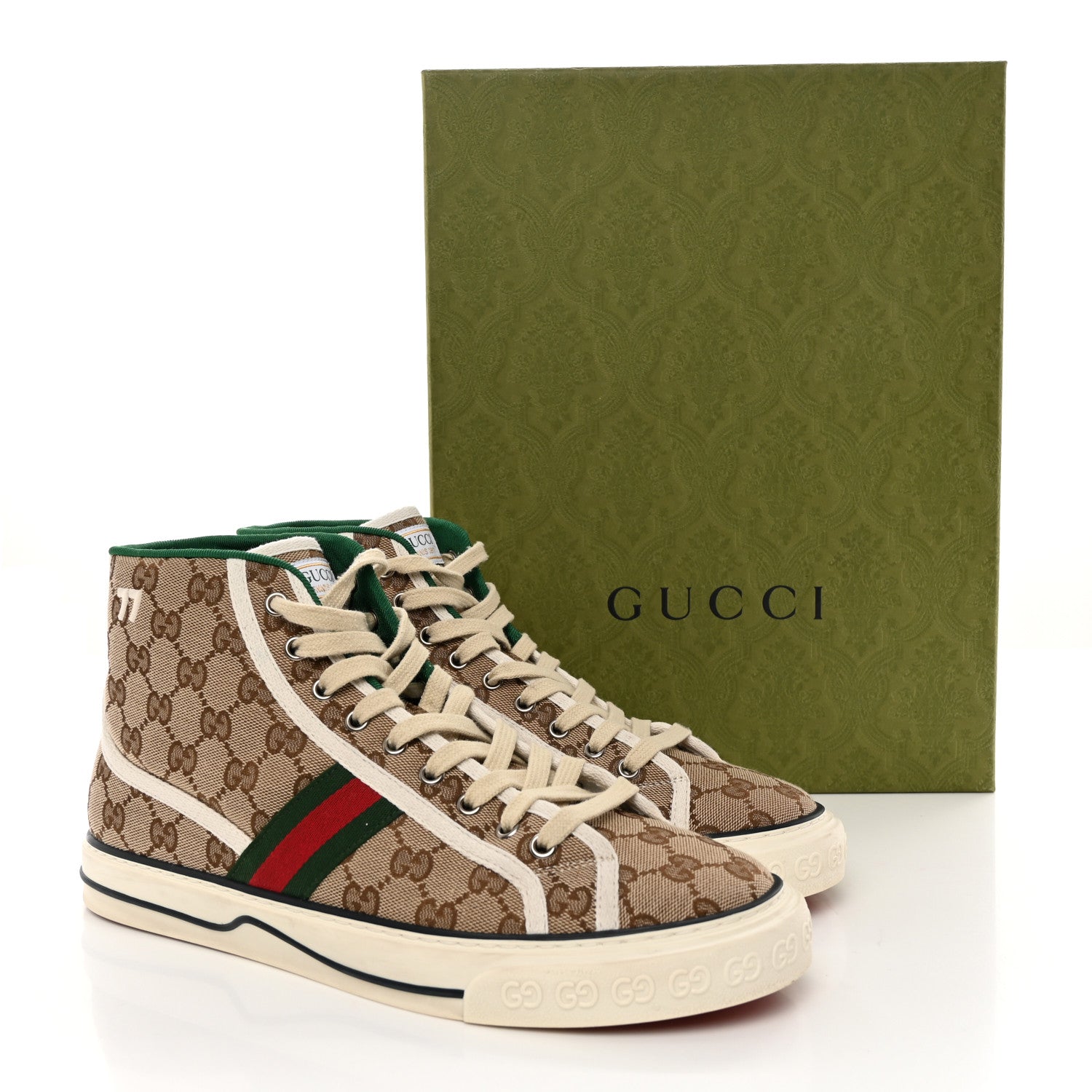 Gucci GG Monogram Web Mens 1977 Tennis High Top Sneakers 9.5 Beige Ebony Mystic White 14 of 14