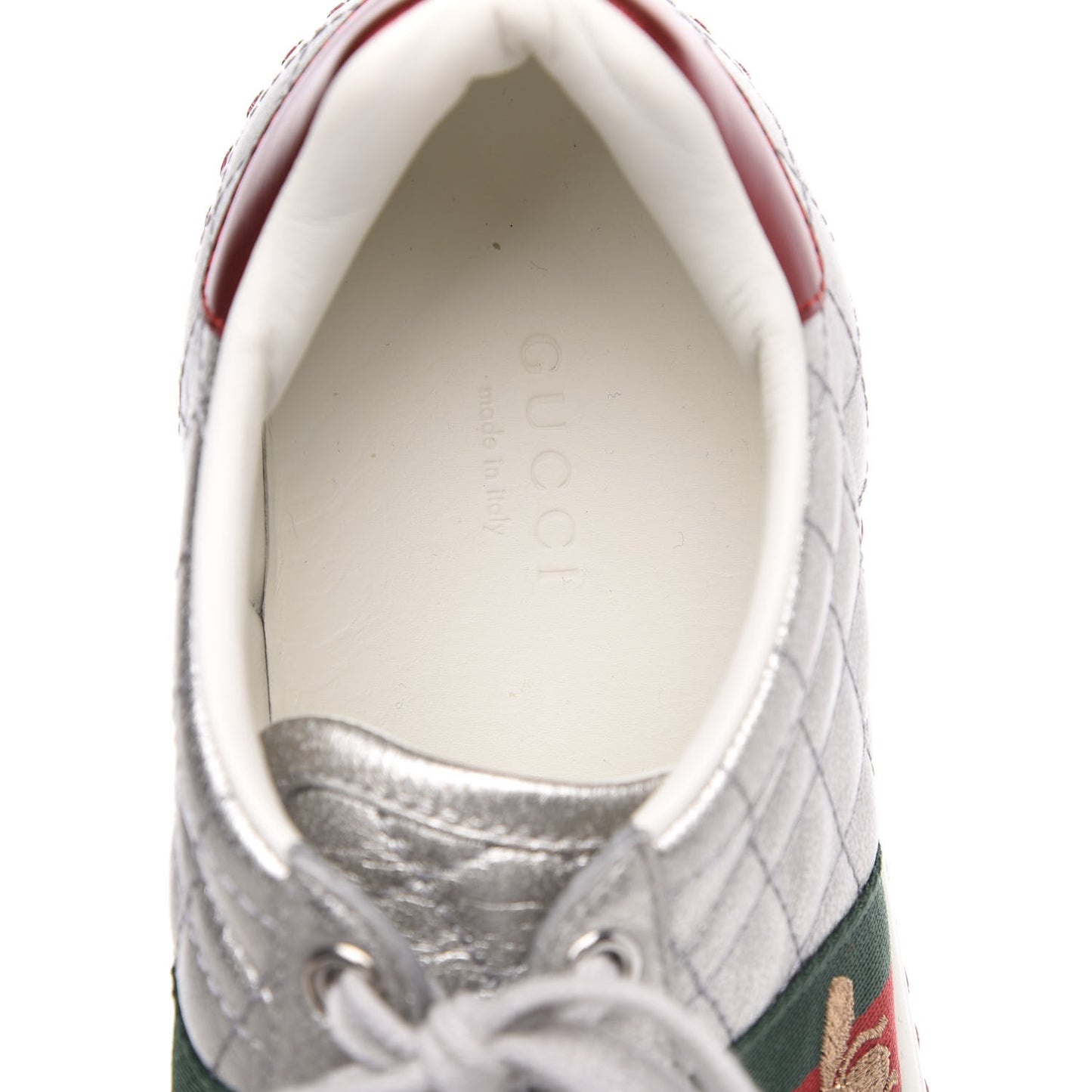 Laminated Nappa Crystal Web Bee Embroidered Trapuntata Womens Ace Platform Sneakers 36.5 Argento