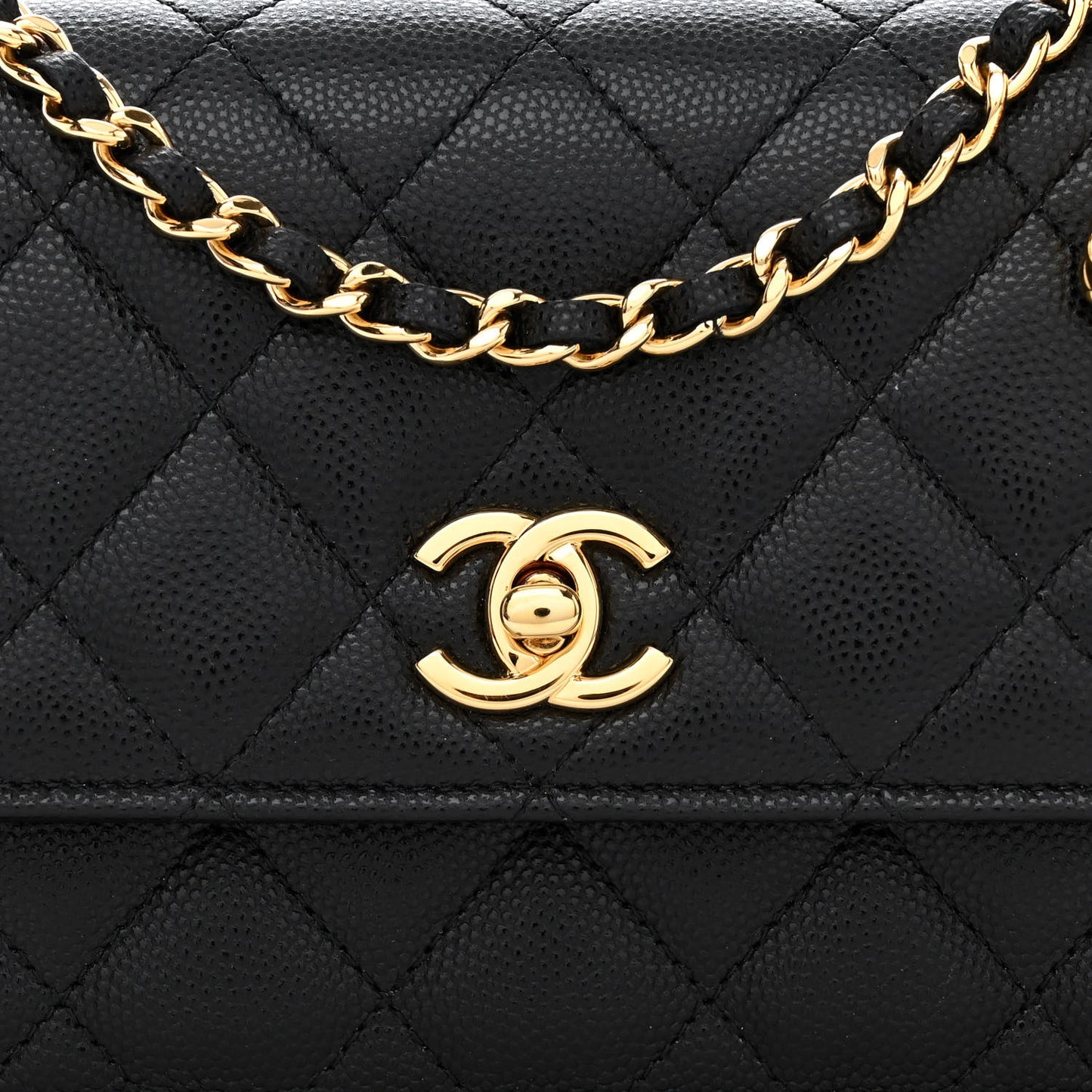 Shiny Caviar Quilted Flap Charm Wallet On Chain WOC Black